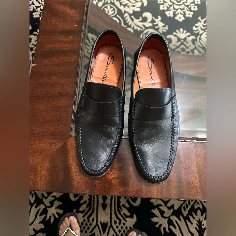 Santoni Black Leather Penny Loafers with Tan Insole